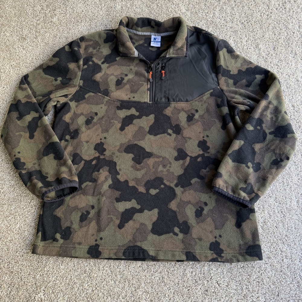 Starter Fleece Jacket Mens Large Green Camouflage 1/4 Zip Pullover Pockets